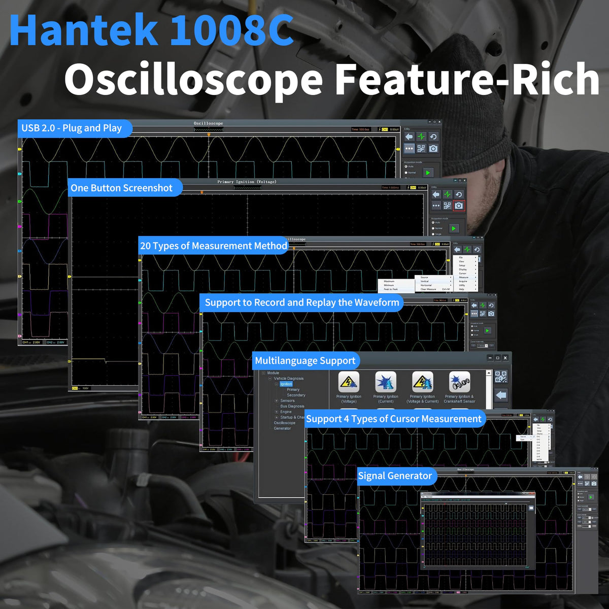 HT30A clamp measuring car battery current with Hantek for safe charging system checks