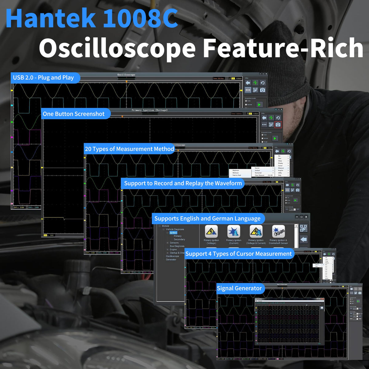Hantek signal generator section highlighting programmable output for sensor simulation