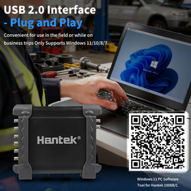 Hantek connected to a laptop via USB showing PC software waveform display