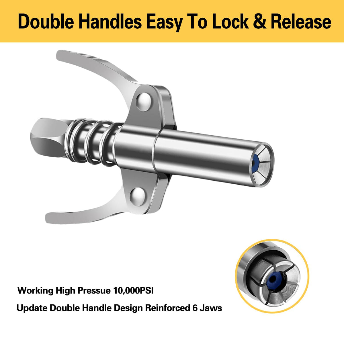 HANTUO locking grease coupler closeup demonstrating secure seal and leak prevention