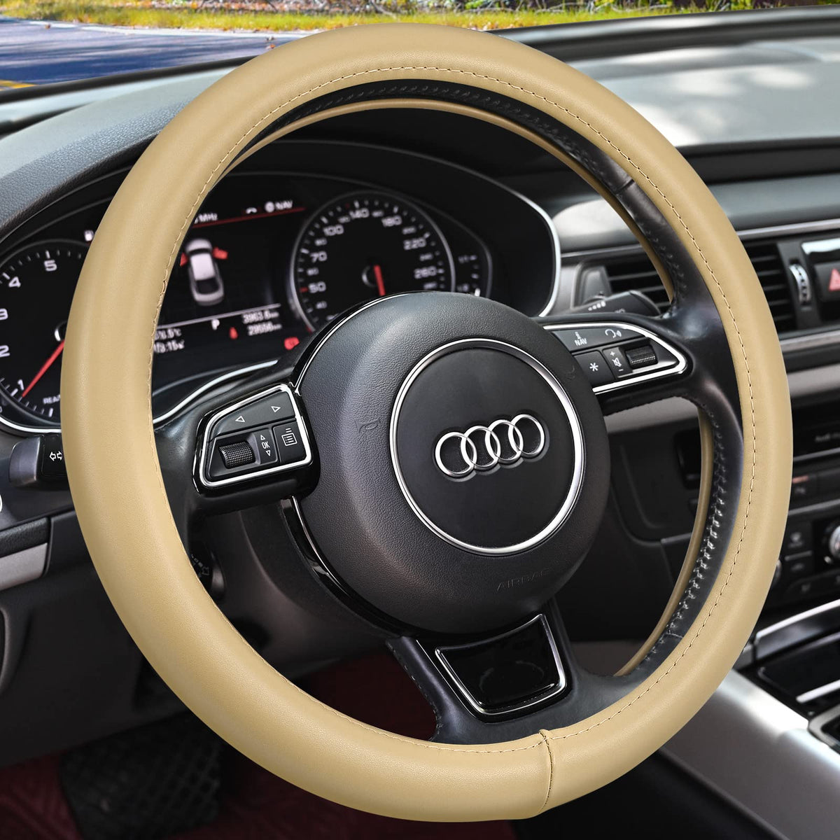 HAOKAY beige steering wheel cover front view highlighting leather finish and style