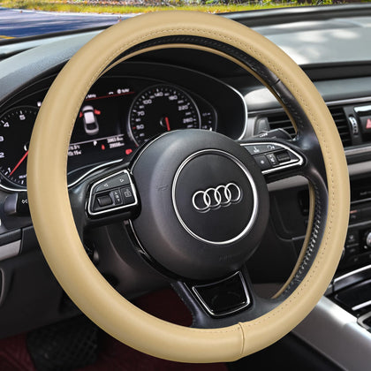 HAOKAY beige steering wheel cover front view highlighting leather finish and style