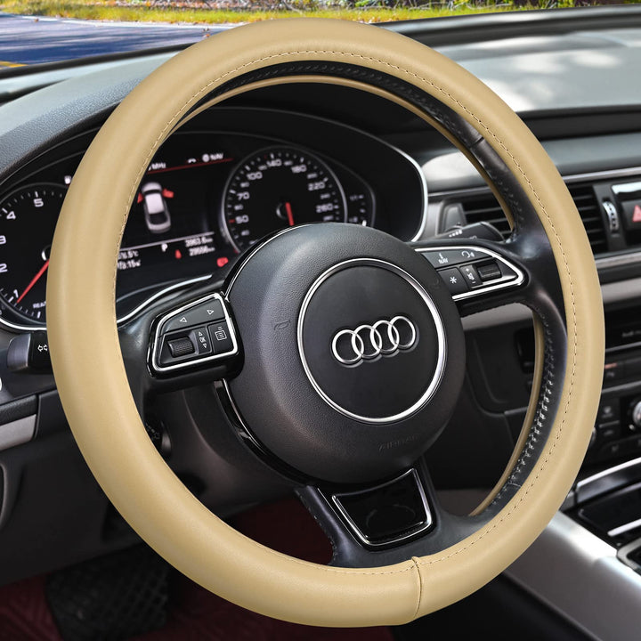 HAOKAY beige steering wheel cover front view highlighting leather finish and style
