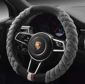 HAOKAY front view gray steering wheel cover showing plush look and stylish upgrade