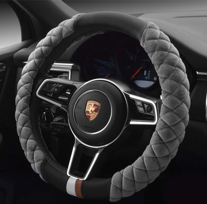 HAOKAY front view gray steering wheel cover showing plush look and stylish upgrade