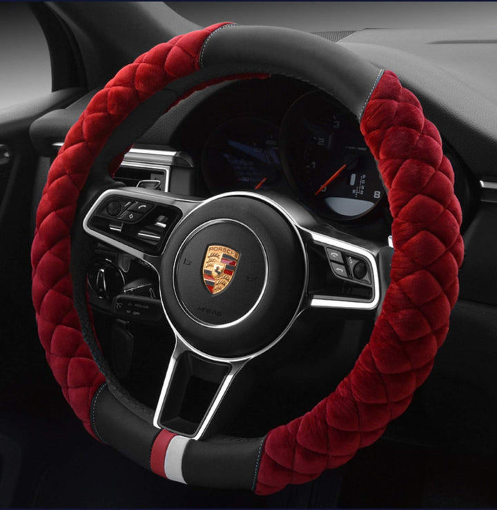 HAOKAY red steering wheel cover front view shows soft plush and fashion benefit