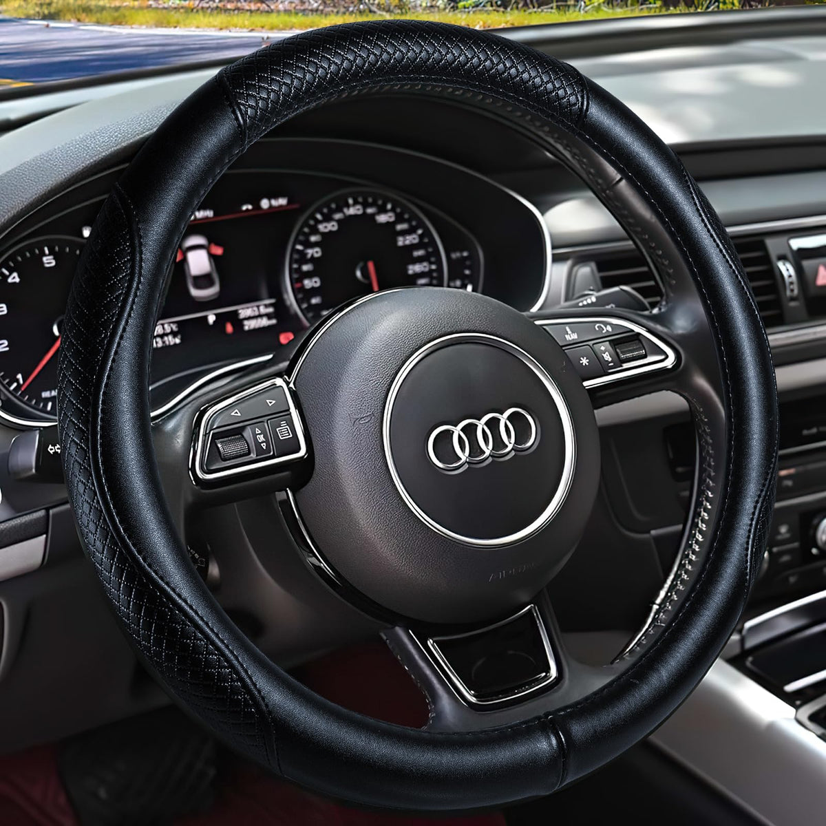 HAOKAY steering wheel cover front view showing leather finish and fit benefit