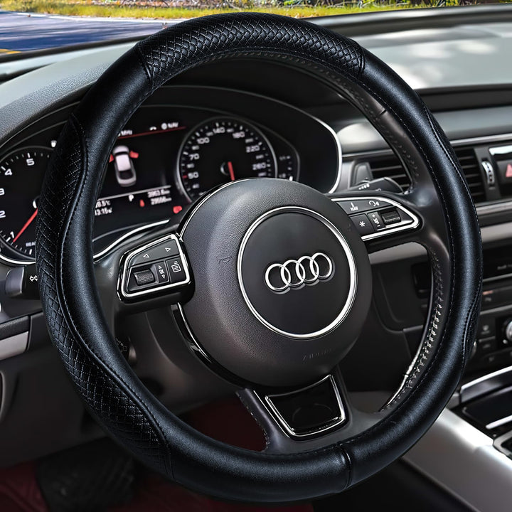 HAOKAY steering wheel cover front view showing leather finish and fit benefit