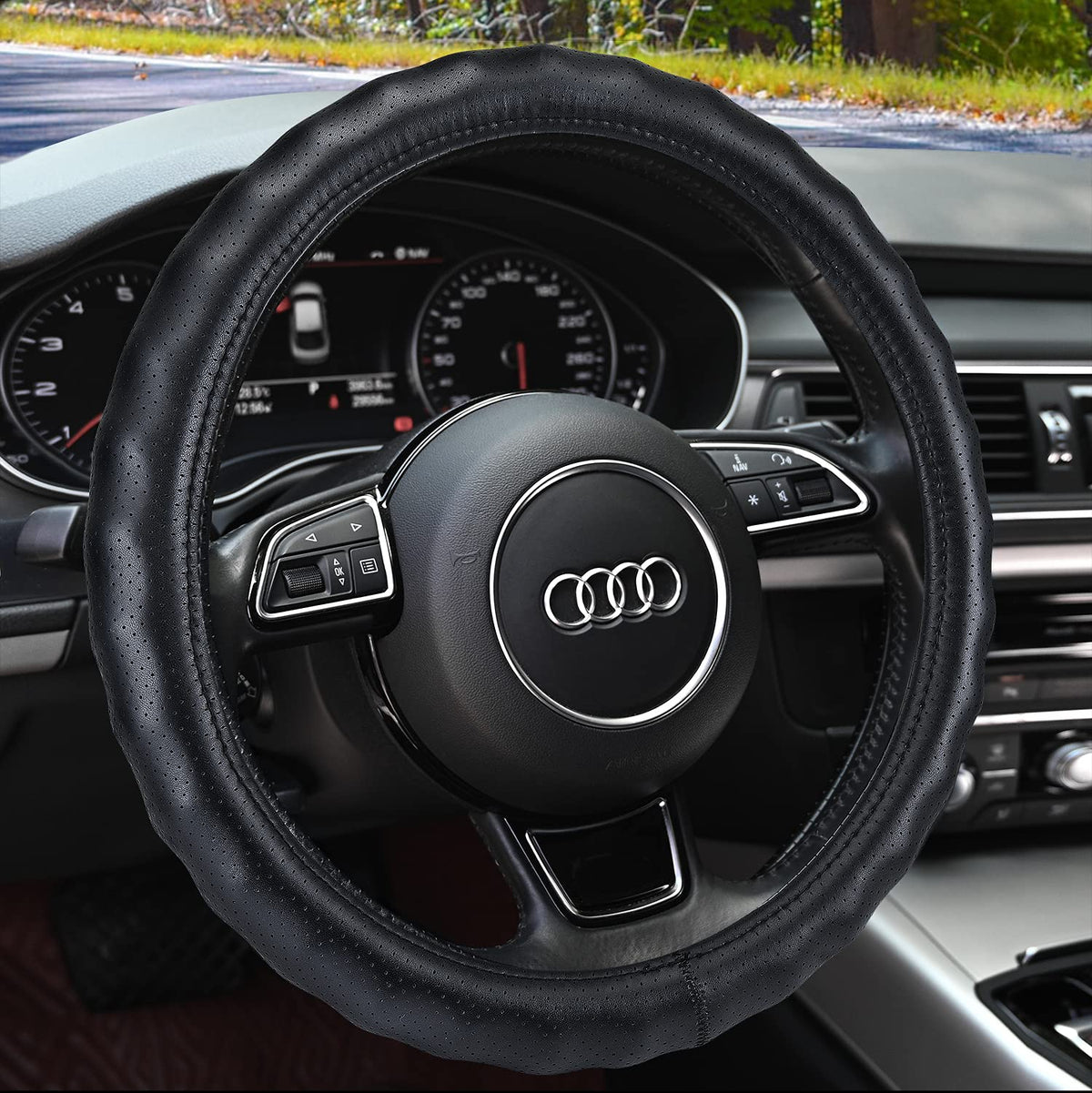 HAOKAY steering wheel front view showing sleek black leather and improved grip