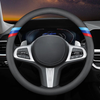 HAOTULE front view steering wheel cover showing sporty tricolor stripe and sleek black finish for upgraded cabin style