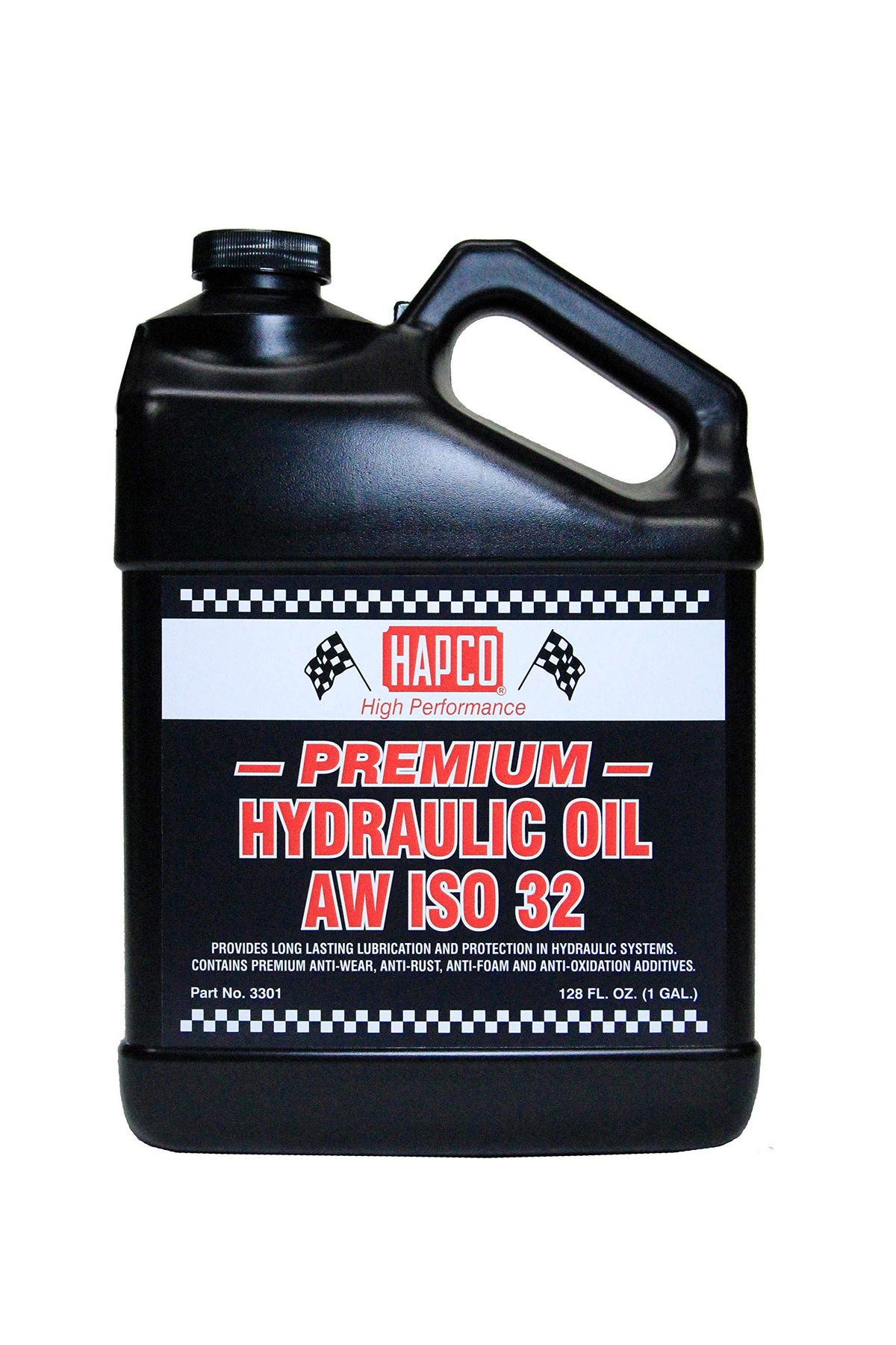 Hapco hydraulic oil AW ISO 32 one-gallon jug showing label and clear product benefits