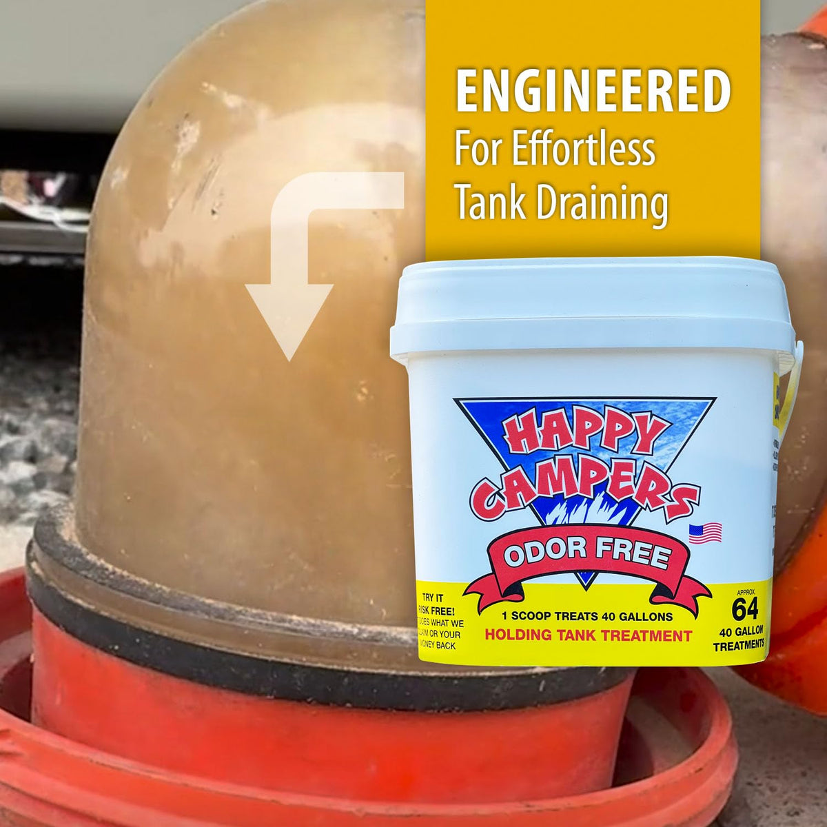 Happy Campers being added to an RV toilet for odor control and ease