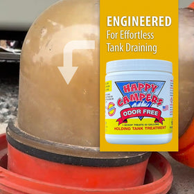 happy campers being added to an RV toilet for fresh-smelling tanks on trips