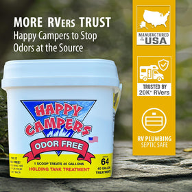 Happy Campers open jar with scoop ready, highlighting easy dosing