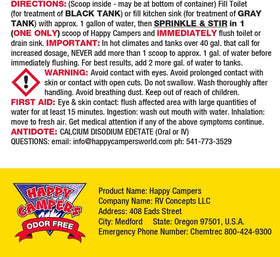 happy campers scoop beside a gallon marker illustrating treatment coverage
