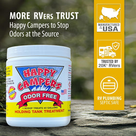 happy campers scoop and powder ready to dose for easier tank maintenance
