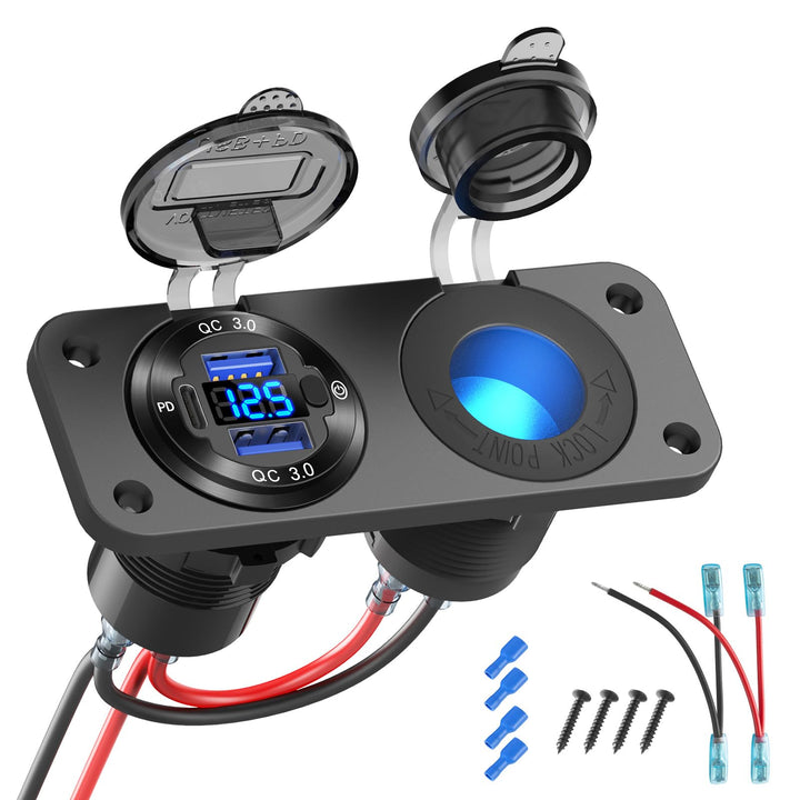 Hapytrip front panel mounted showing ports and switch for convenient charging