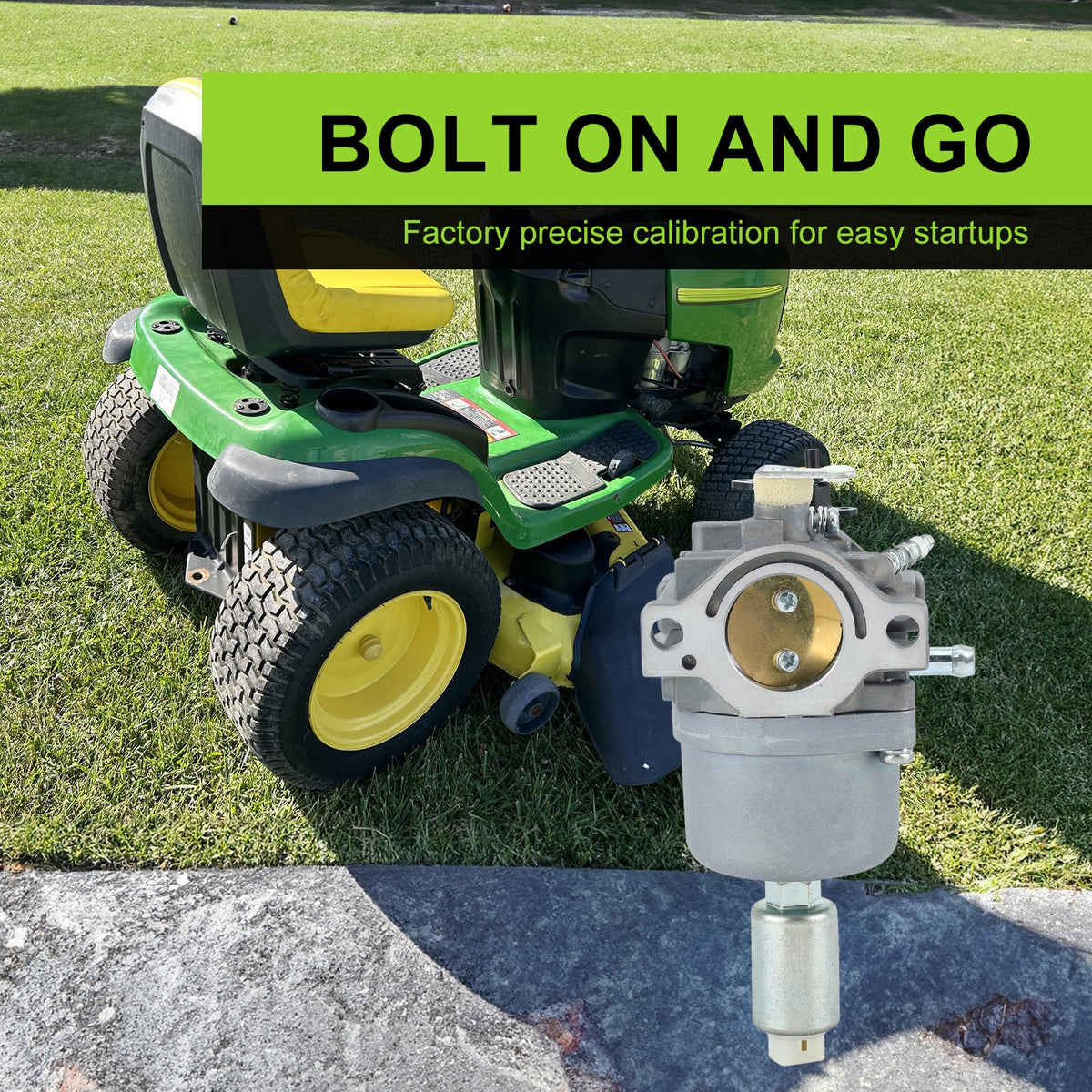 Harbot carburetor mounted on engine illustrating direct bolt-on installation benefit