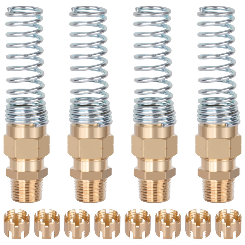 HASAOMOI front view of four brass hose ends showing robust construction and DOT compliance
