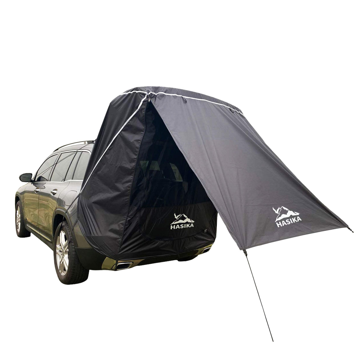 HASIKA tent front view attached to SUV showing quick shelter benefit