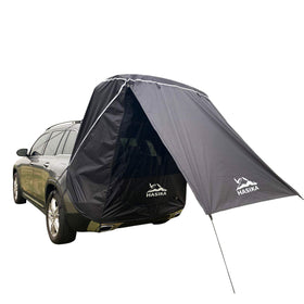 HASIKA tent front view attached to SUV showing quick shelter benefit