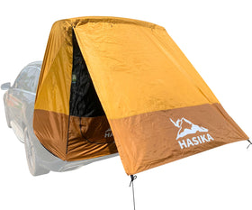 HASIKA tailgate tent front view showing shelter and shaded cargo area benefit