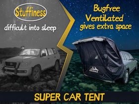 HASIKA tailgate tent at dusk with ambient lighting showing cozy shelter