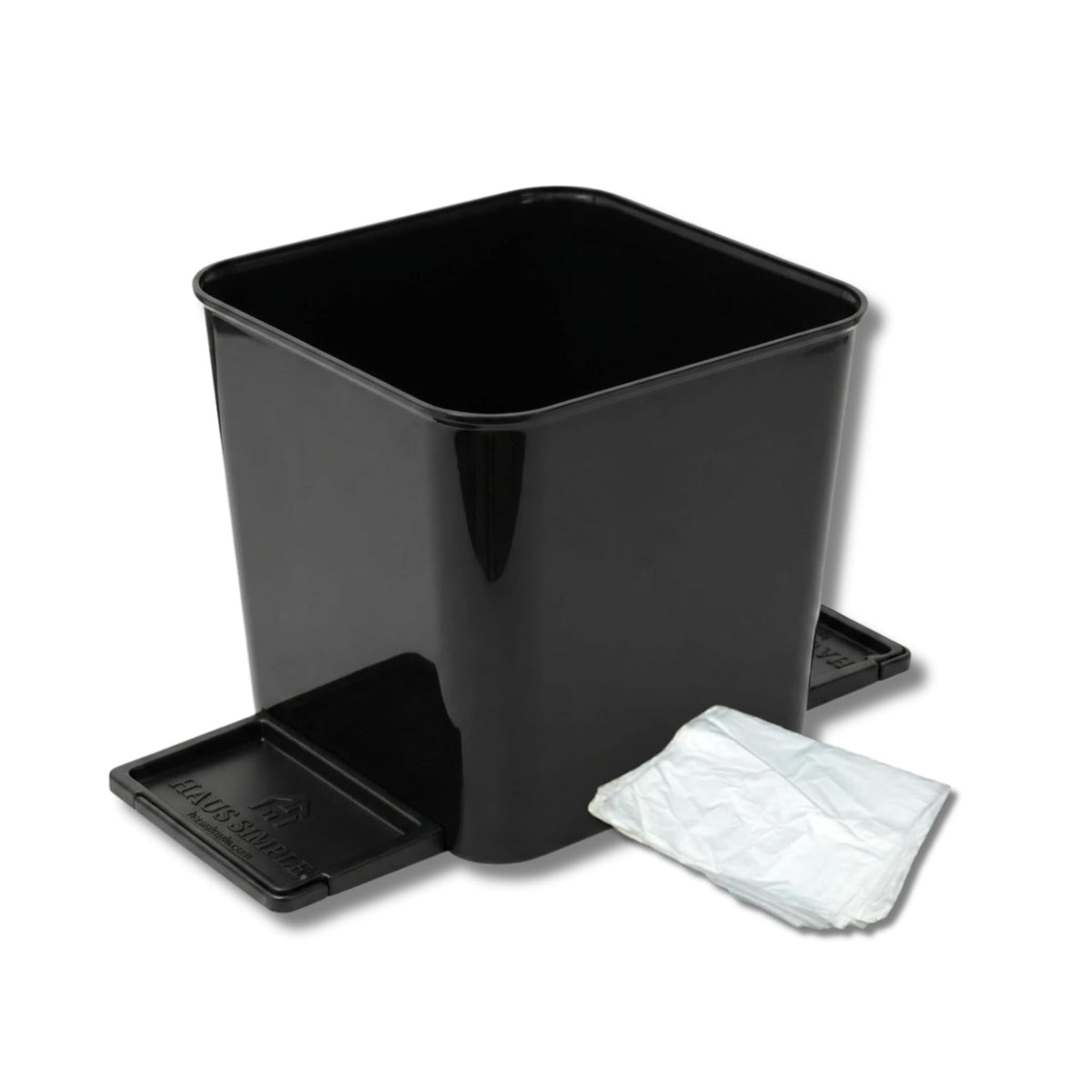 HAUSSIMPLE front view of compact trash can showing sleek profile and space-saving benefit