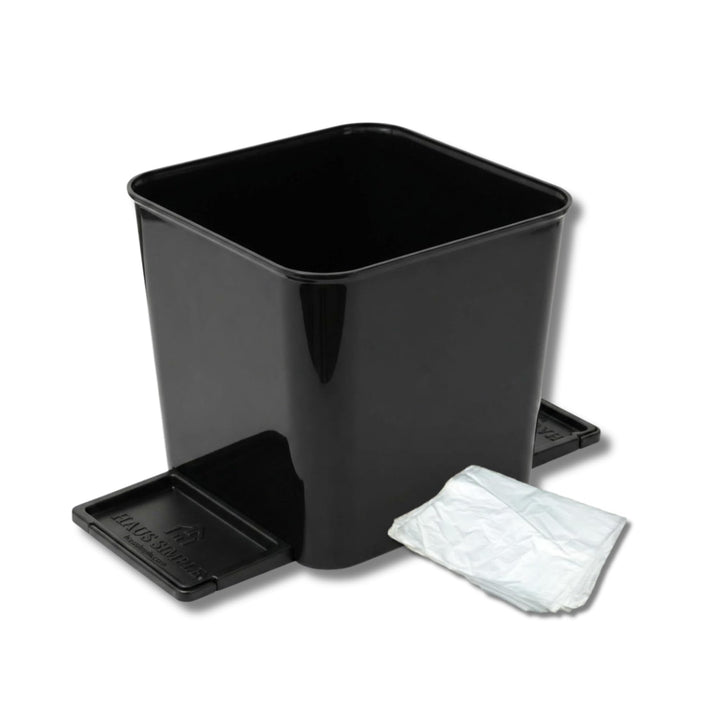HAUSSIMPLE front view of compact trash can showing sleek profile and space-saving benefit
