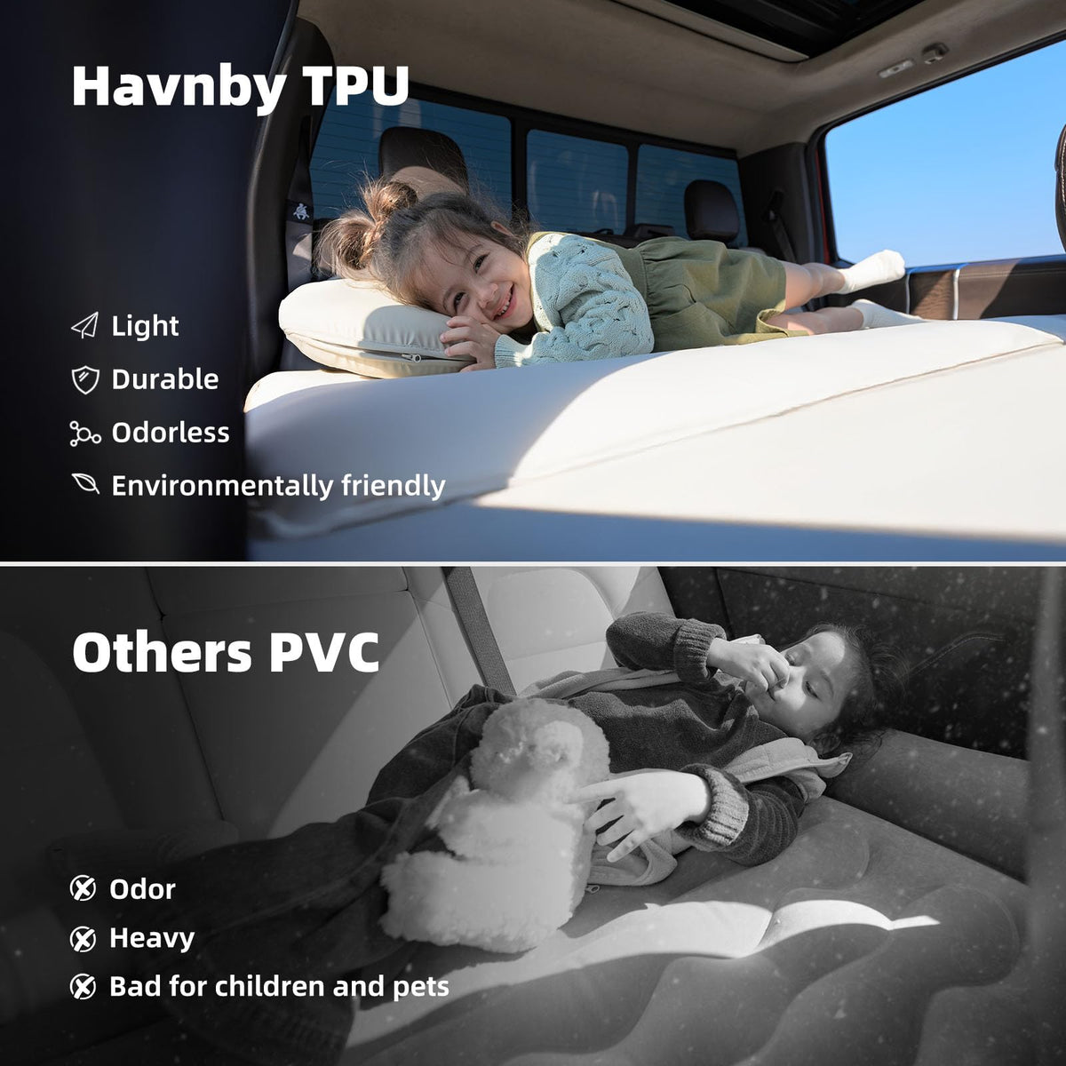 Havnby pad installed in pickup cabin providing extra legroom for taller sleepers
