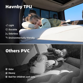 Havnby pad installed in pickup cabin providing extra legroom for taller sleepers