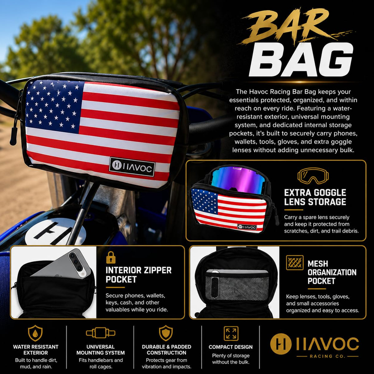 Havoc Racing close-up of sealed zipper protecting contents from mud