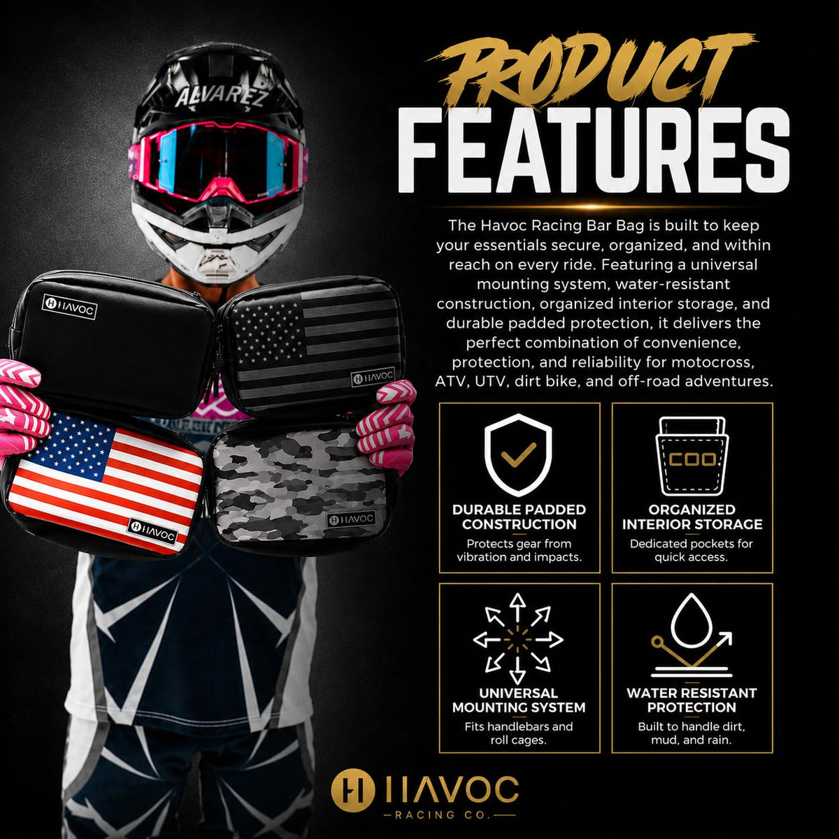 Havoc Racing bag mounted on a motocross handlebar for quick access