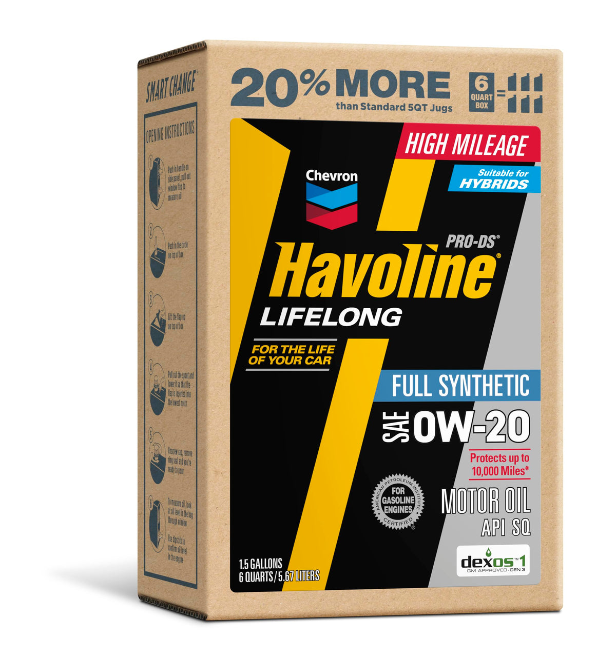 Havoline 0W-20 PRO-DS front label showing product and size benefits