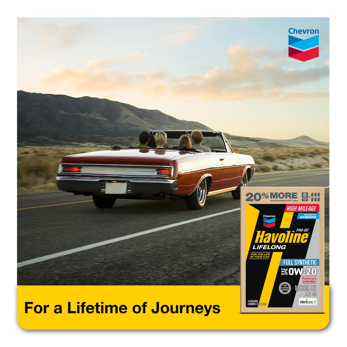 Havoline bottle next to engine bay illustrating quick lubrication benefit
