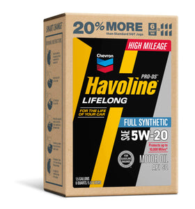 Havoline PRO-DS 5W-20 front jug showing label and capacity, promotes cleaner engines