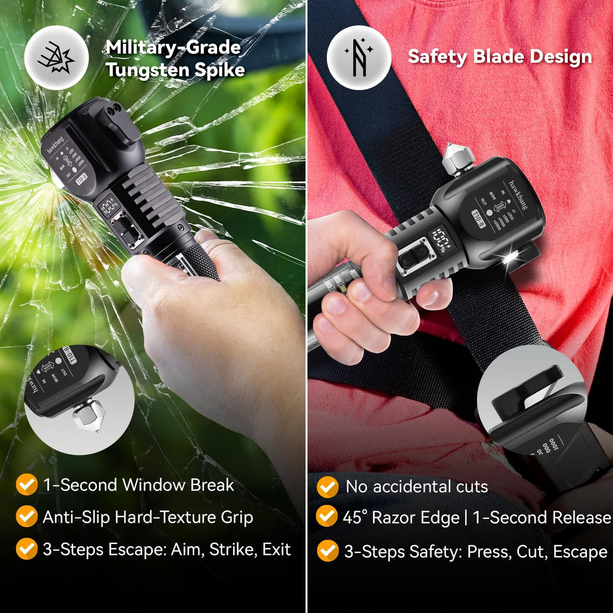 hawkbang concealed seatbelt cutter detail enabling fast, safe belt release