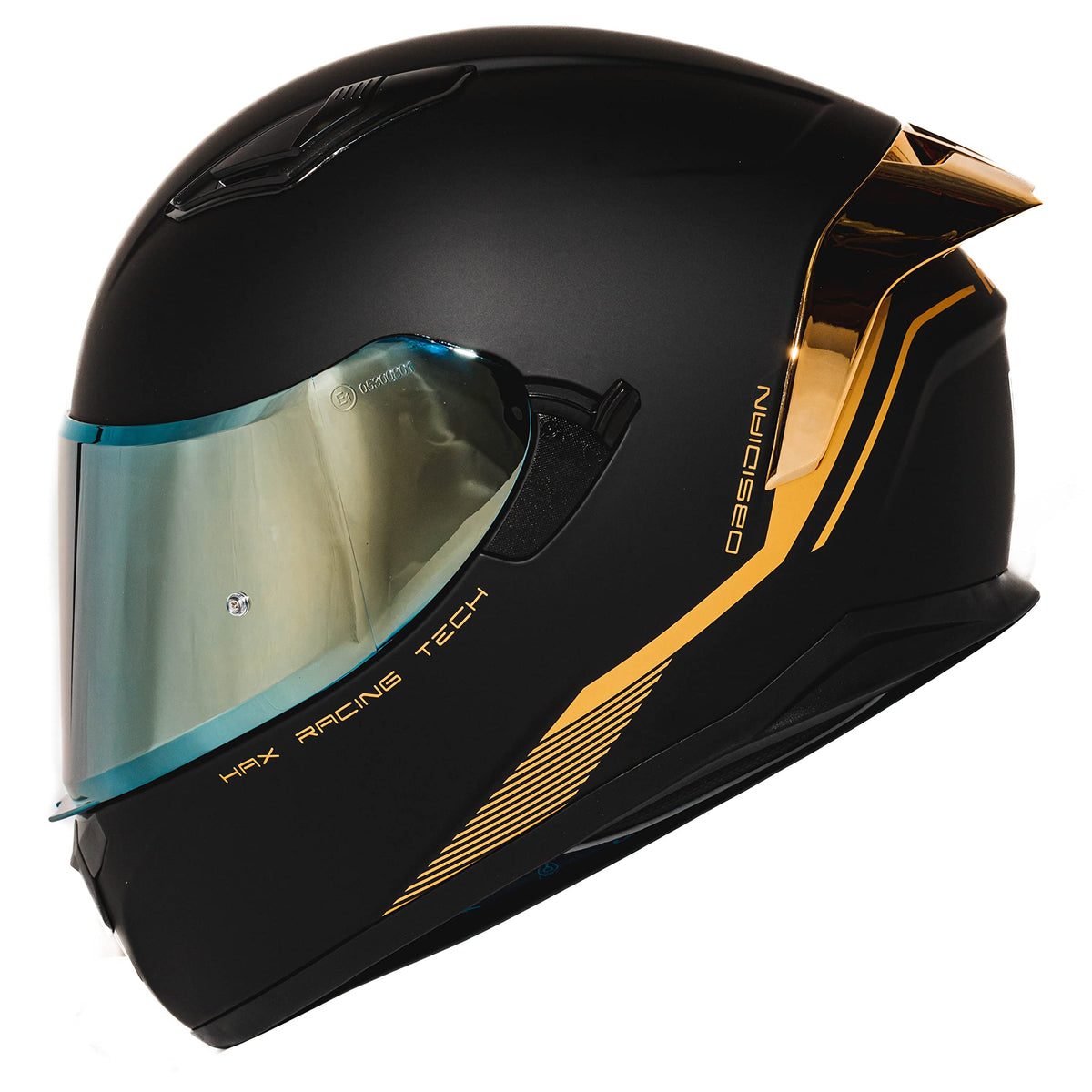 HAX Obsidian front view in matte black gold showing aerodynamic shell and DOT badge benefit visibility