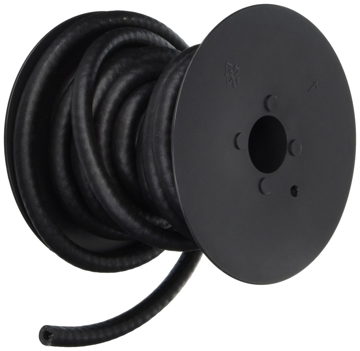HBD Industries fuel hose front view showing black 25ft roll and clear label for easy identification