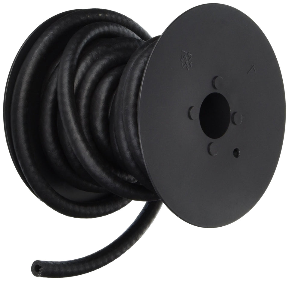 HBD Industries fuel hose front view showing black 25ft roll and clear label for easy identification