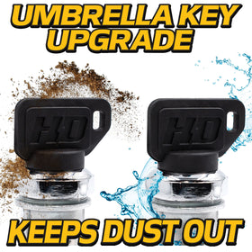 HD Switch umbrella key close-up showing soft-grip cap that seals out moisture