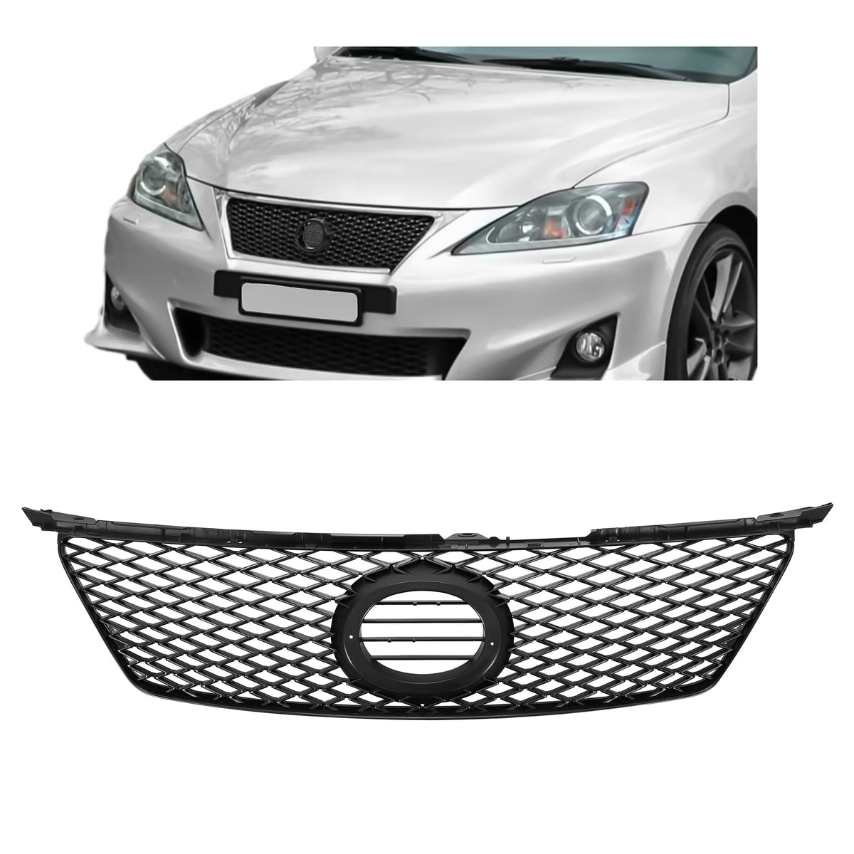 HECASA front grille installed on Lexus IS showcasing restored appearance