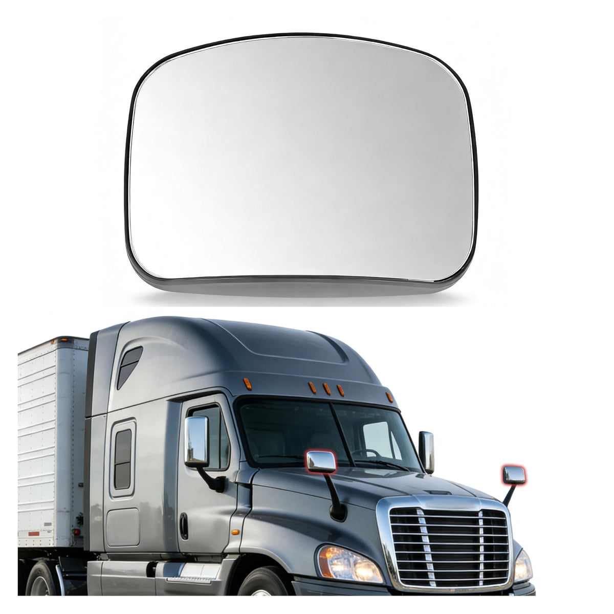 HECASA hood mirror front view showing clear convex reflection and improved visibility