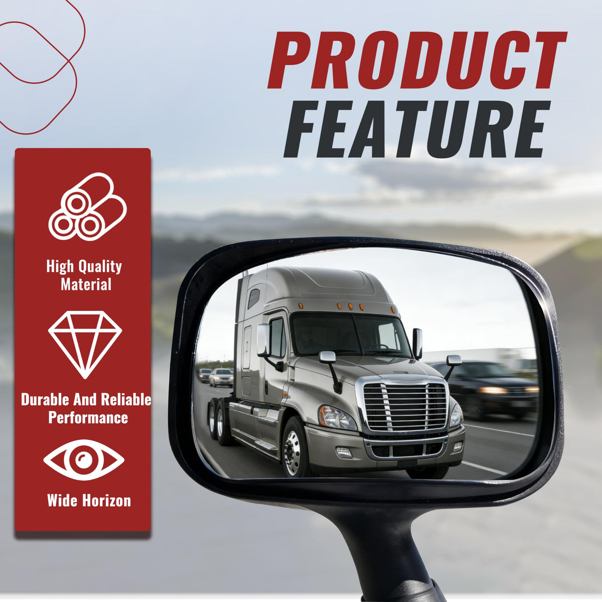 HECASA hood mirror installed on Freightliner Cascadia driver side restoring sightlines