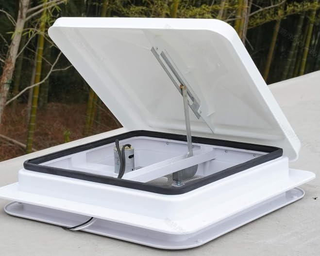 HECASA vent cover mounted on RV roof demonstrating rain and debris protection