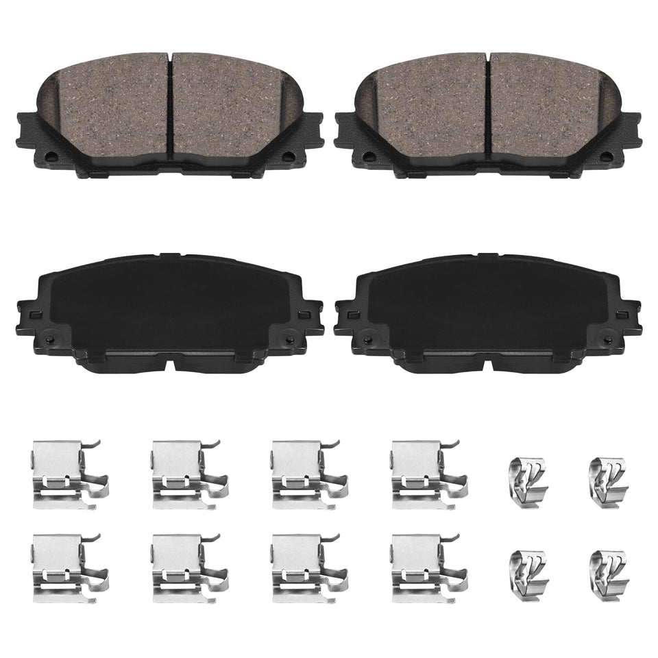 HECHENQICHE D1184 front pad kit packaging showing contents and fitment benefits