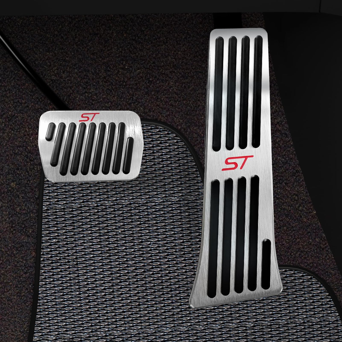 Hecotrax front-facing pedal set showing sporty aluminum and rubber, improving control