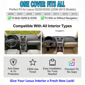 HEDAQI installed dash cover on Lexus IS showing snug, custom fit benefit