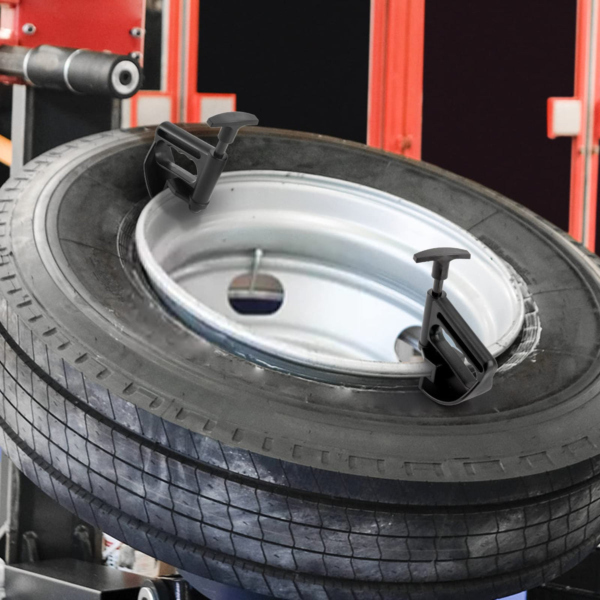 Hedume clamps in garage setting illustrating faster DIY tire changes