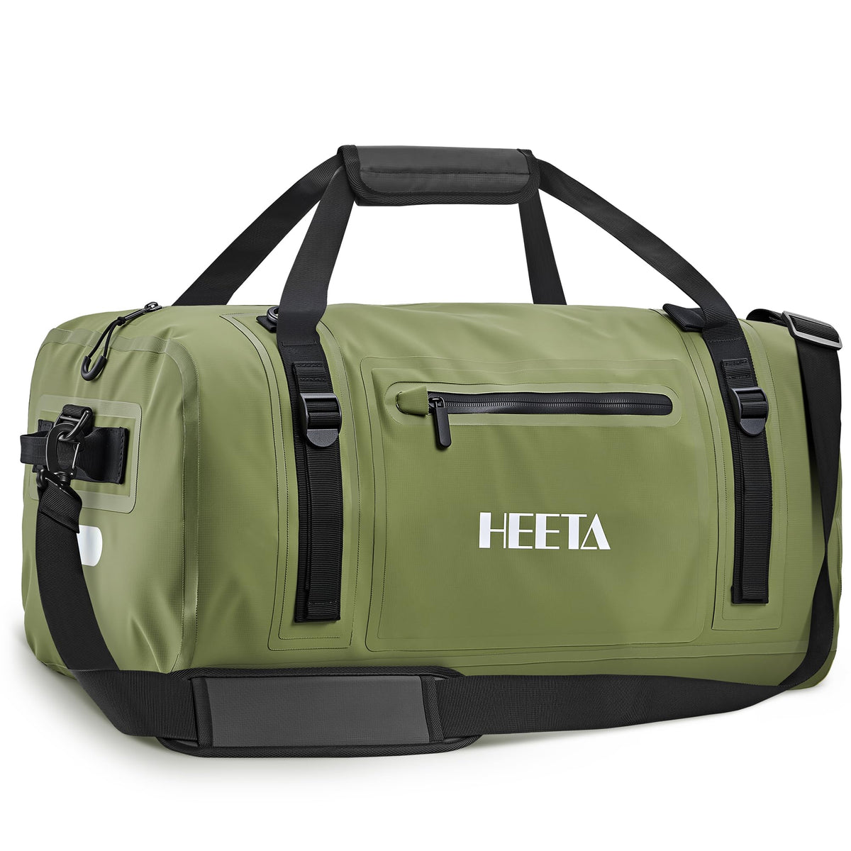 HEETA front view of 50L green duffel showing waterproof design and reflective strip, durable travel protection